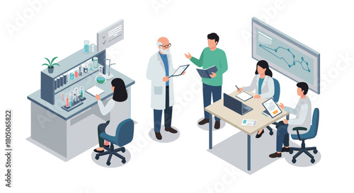 Collaborative scientific research in a modern laboratory with isometric design