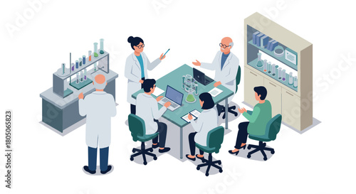 Isometric laboratory meeting: diverse team collaborating on scientific research projects