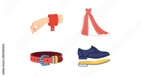 Fashion accessories including red dress, armlet, belt, and shoes  sole, Adaptive & Modular Fashion icon set