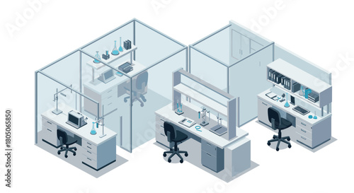 Modern isometric office workspace with desks and glass panels