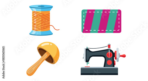 Sewing tools including thread, fabric, and sewing machine  , wood mushroom, Adaptive & Modular Fashion icon set