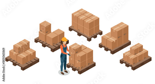 Warehouse worker organizing cardboard boxes on pallets in isometric style