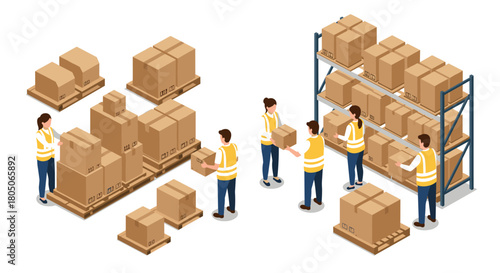 Warehouse workers organizing cardboard boxes on shelves in isometric design