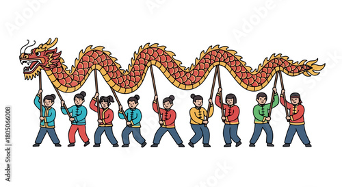 Dragon dance with people holding ropes