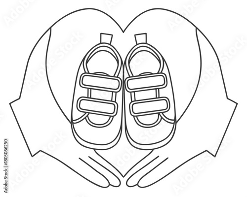 Line Art Hands Forming Heart Shape Around Baby Shoes In A Circle love care