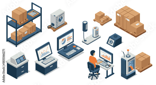 Isometric warehouse and office workspace with computers and boxes