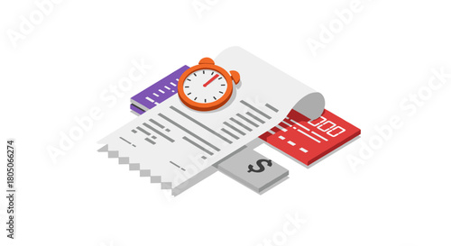 Isometric time management and billing concept with calculator and clock