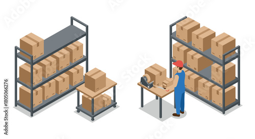 Worker organizing cardboard boxes on warehouse shelves in isometric style