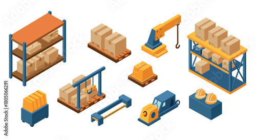 Isometric warehouse equipment and storage solutions for logistics and distribution