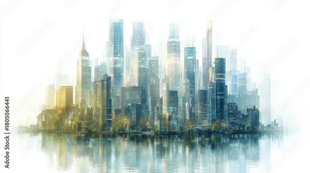 Fototapeta premium A misty skyline of modern skyscrapers reflecting in the water, showcasing urban beauty and architectural marvels.