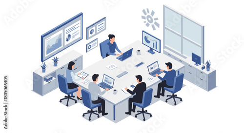 Modern office isometric design featuring team collaboration and technology in a professional setting
