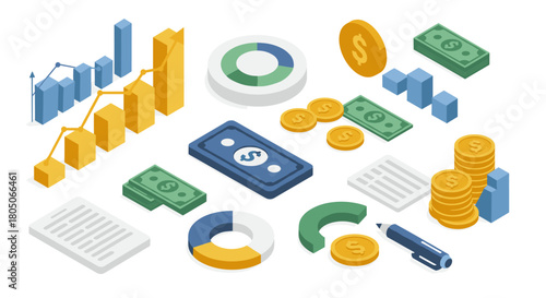 Isometric financial analytics with graphs, coins, and currency icons on white background