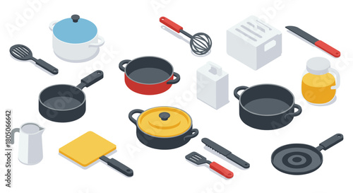 Isometric kitchenware: modern cookware and utensils set in bold colors