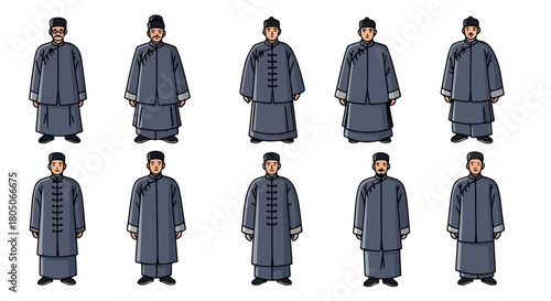 Chinese men in traditional clothing with transparent background