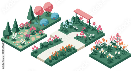 Isometric garden design with colorful flower beds and pathways