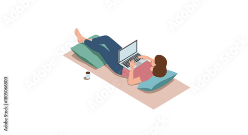 Relaxed woman working on laptop while lying down with coffee