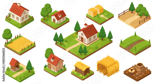 Isometric farm elements with houses, trees, and fields in a cartoon style