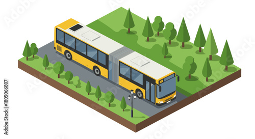 Isometric articulated city bus on park road surrounded by trees