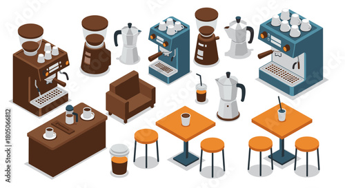 Isometric coffee shop elements with espresso machines and accessories