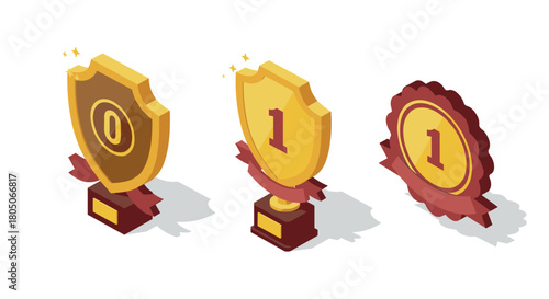 Awards collection in isometric design featuring trophies and shields