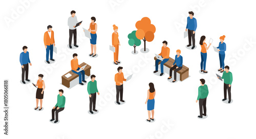 Isometric business people engaged in workplace activities on white background