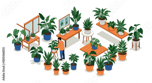 Isometric indoor garden with potted plants and gardener in cozy room setting
