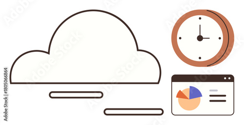 Cloud element with a clock and analytics dashboard interface displaying pie chart. Ideal for technology, time organization, data analysis, cloud storage, productivity, planning, efficiency concepts