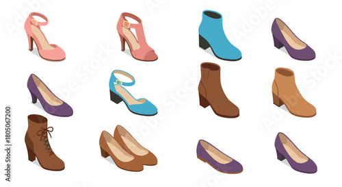 Diverse collection of isometric women's shoes in various colors and styles