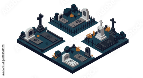 Isometric graveyard set with tombstones and crosses in a minimalistic style