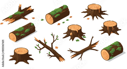 Isometric tree logs and stumps with mossy branches on white background