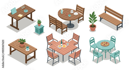 Isometric outdoor furniture set with tables, chairs, benches, and plants