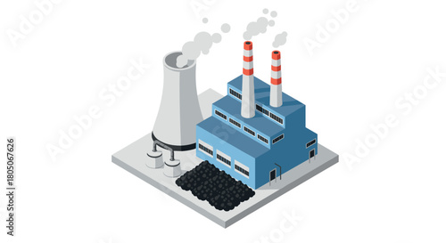 Isometric industrial power plant with cooling tower and smoke stacks