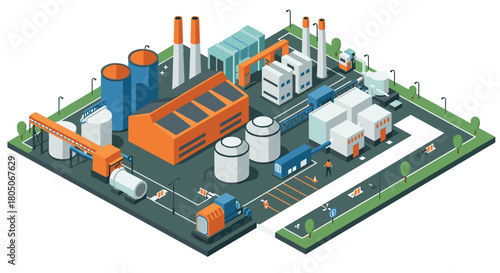 Modern isometric industrial complex with factories and machinery in urban setting