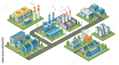 Isometric industrial park with various factories and power plants along road