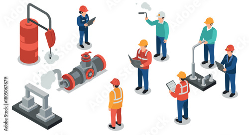 Construction and maintenance crew in industrial isometric design with engineers inspecting equipment
