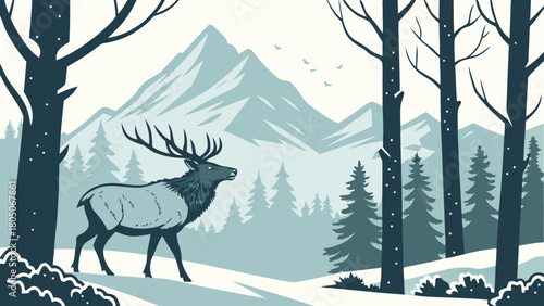“Elk in snowy forest with peaks, winter vector”