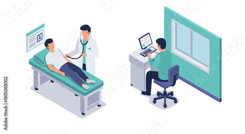 Isometric healthcare consultation and telemedicine scene