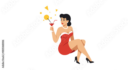 Elegant woman in red dress enjoying a cocktail in retro style