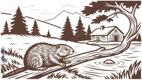 “Beaver by river with lodge and trees, rustic vector”