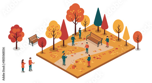 Isometric park walk in autumn with colorful trees and people engaging in leisure activities