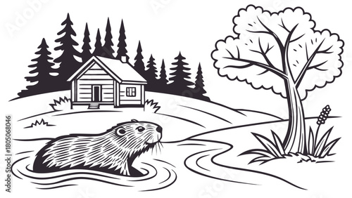 “Beaver by river with lodge and trees, rustic vector”
