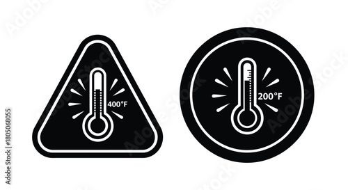 Warning and temperature indicators black and white thermometer icons presented