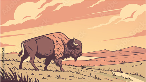 “Bison on prairie with sunset sky, heritage vector”