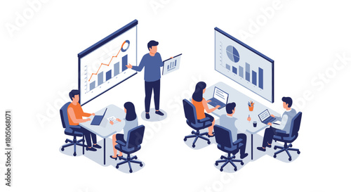 Isometric office meeting scene with data presentation and collaborative work