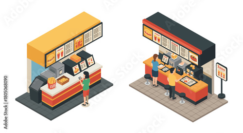 Isometric fast food kiosk with customers ordering and menu displays
