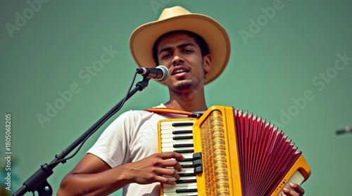 Portrait of Vallenato Accordionist Performing Outdoors / acordeonista colombiano