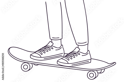 Line Art Of Person Standing On Skateboard With Laced Sneakers In A Circle legs feet
