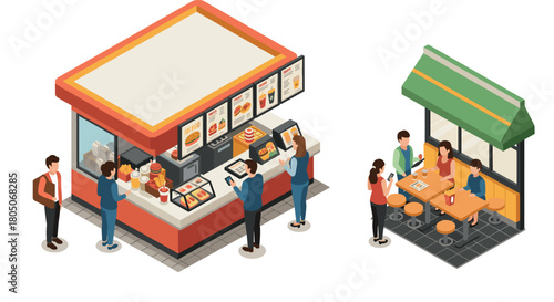 Isometric fast food restaurant and outdoor cafe scene with customers and staff