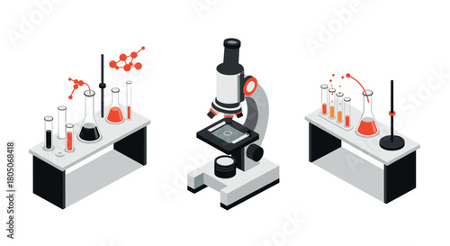 Isometric laboratory equipment with microscope and glassware in red and black theme