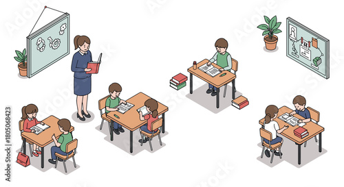 Isometric classroom scene: teacher and students engaged in learning activities